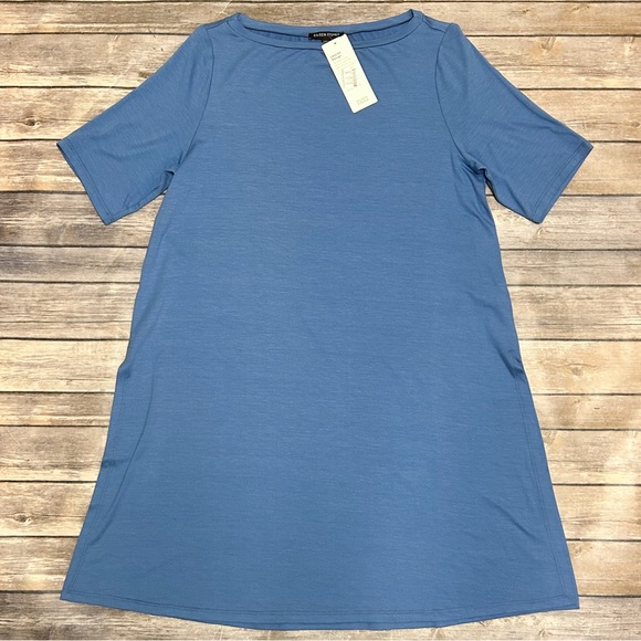 Eileen Fisher Coast Blue Short Sleeve Long A Line Tunic Wide Side Slits XS NWT - Picture 6 of 12
